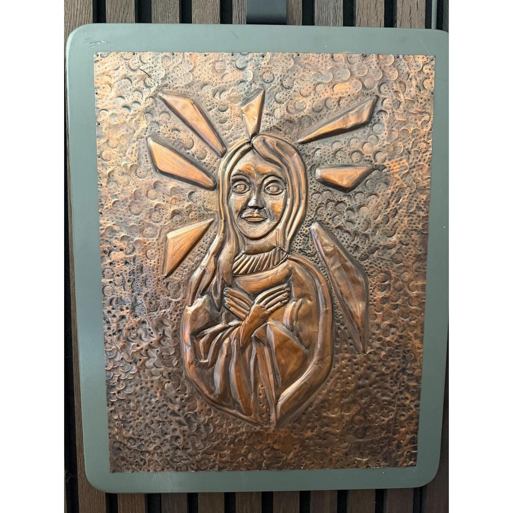 Vintage Copper Virgin Mary Guadalupe Folk Art Plaque on Wood Backing 17.5" x 14"